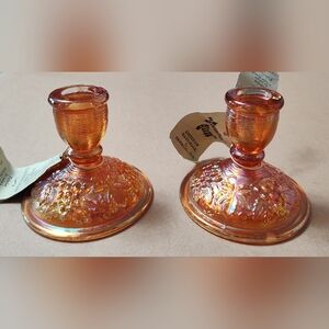 2 VINTAGE IMPERIAL CARNIVAL GLASS CANDLE STICK HOLDERS:  RUBIGOLD MARIGOLD NWT